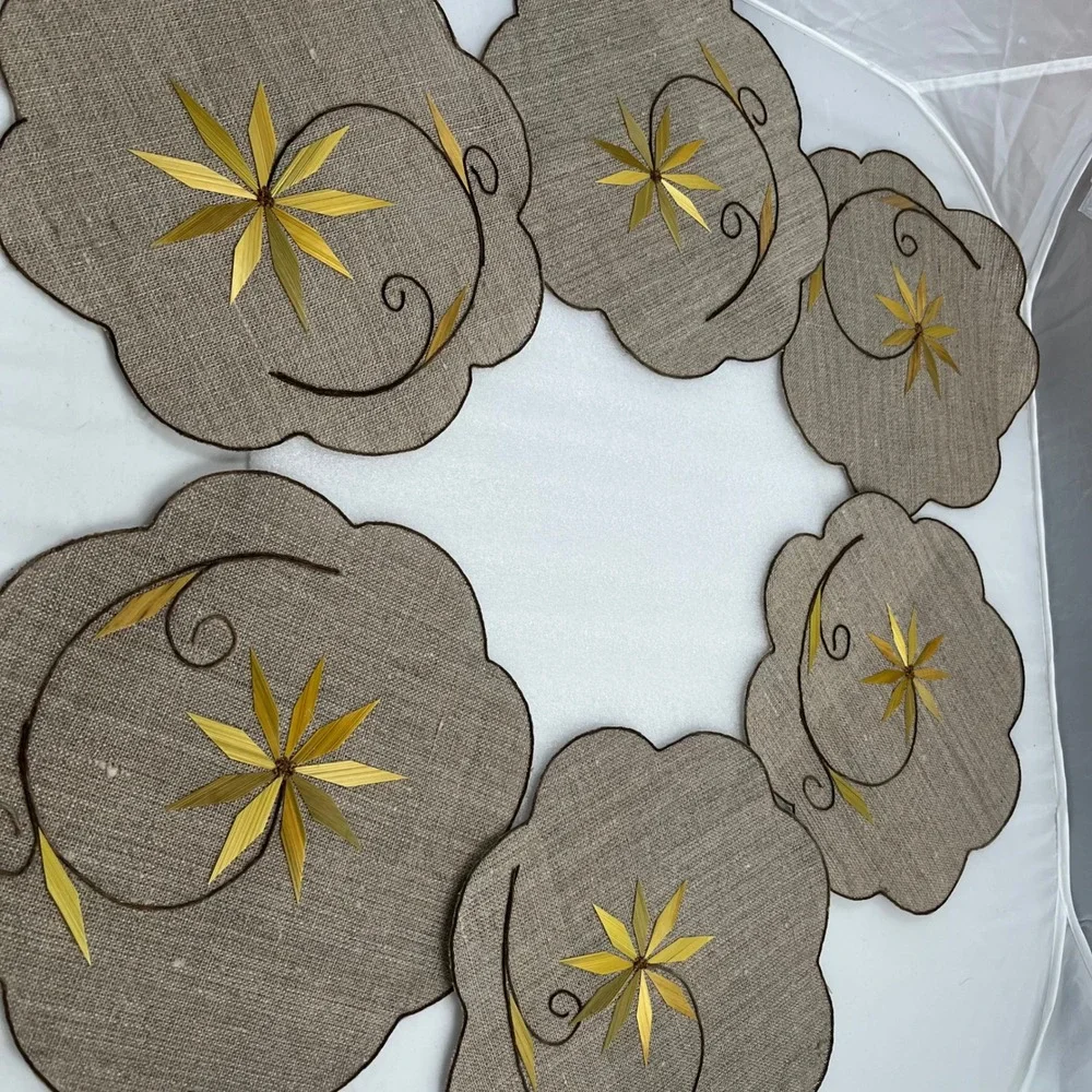 Vintage 7 pc Burlap Placemat Set Bamboo Flower Appliqué Handmade Boho Table Rare